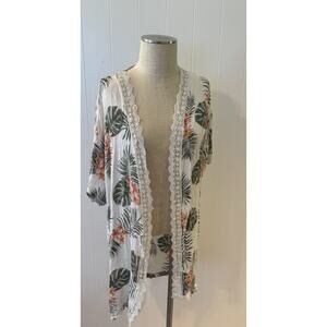 Moral Fiber Womens Kimono Cardigan M Floral Leaf Print Lace Trim Boho Cover Up